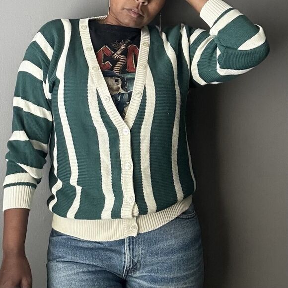 Vintage Suburban Petites Cardigan Sweater Green Cream Stripe Knit Women’s PL - Picture 8 of 9